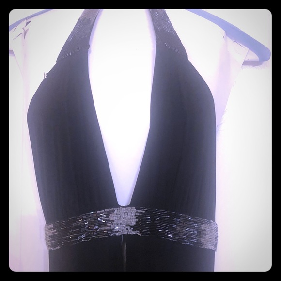 BCBGMAXAZRIA Deep Plunge Beaded Halter Dress - Picture 2 of 3